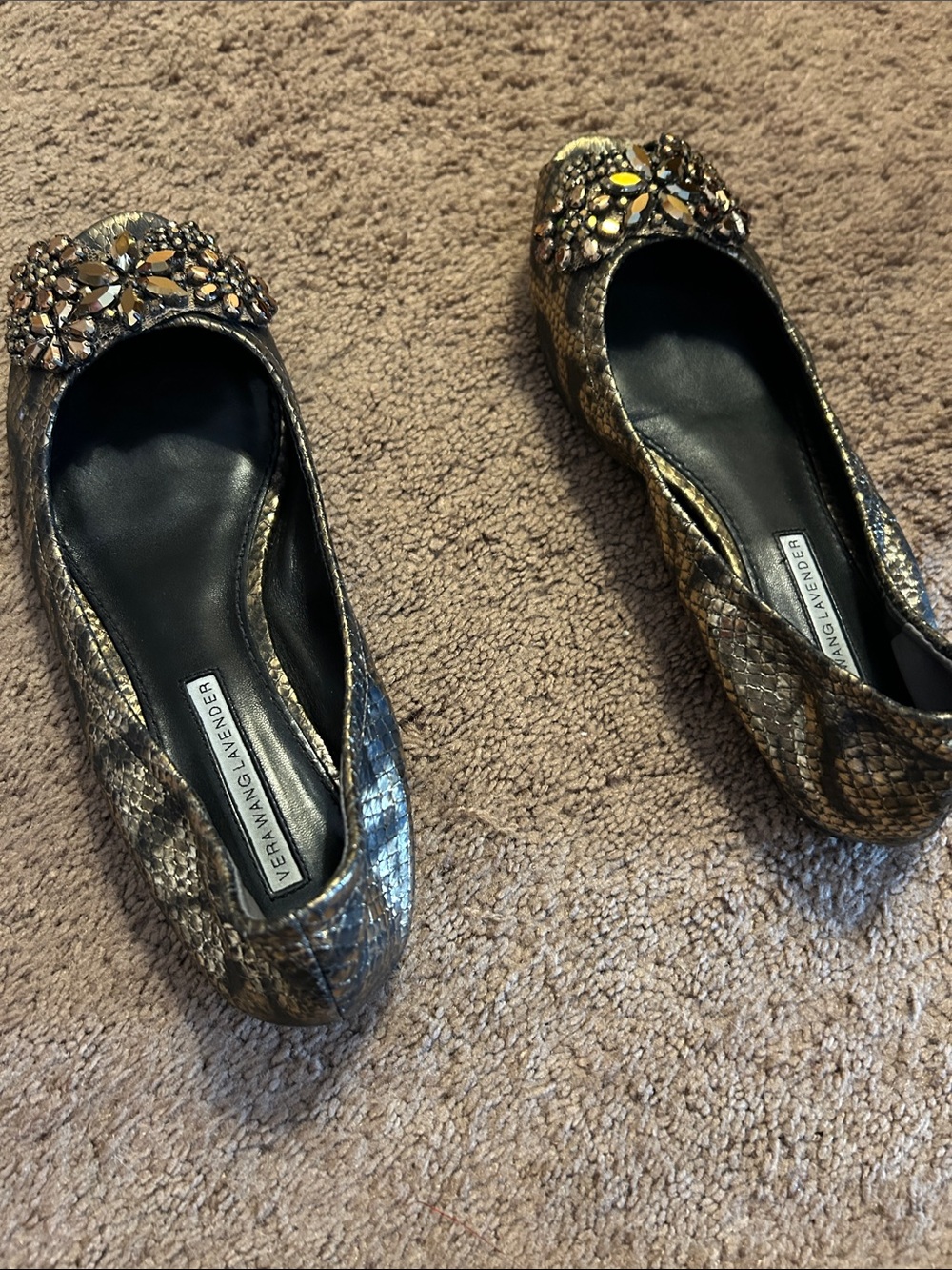 Vera Wang Lavender Label Brown Snakeskin Jeweled Flats